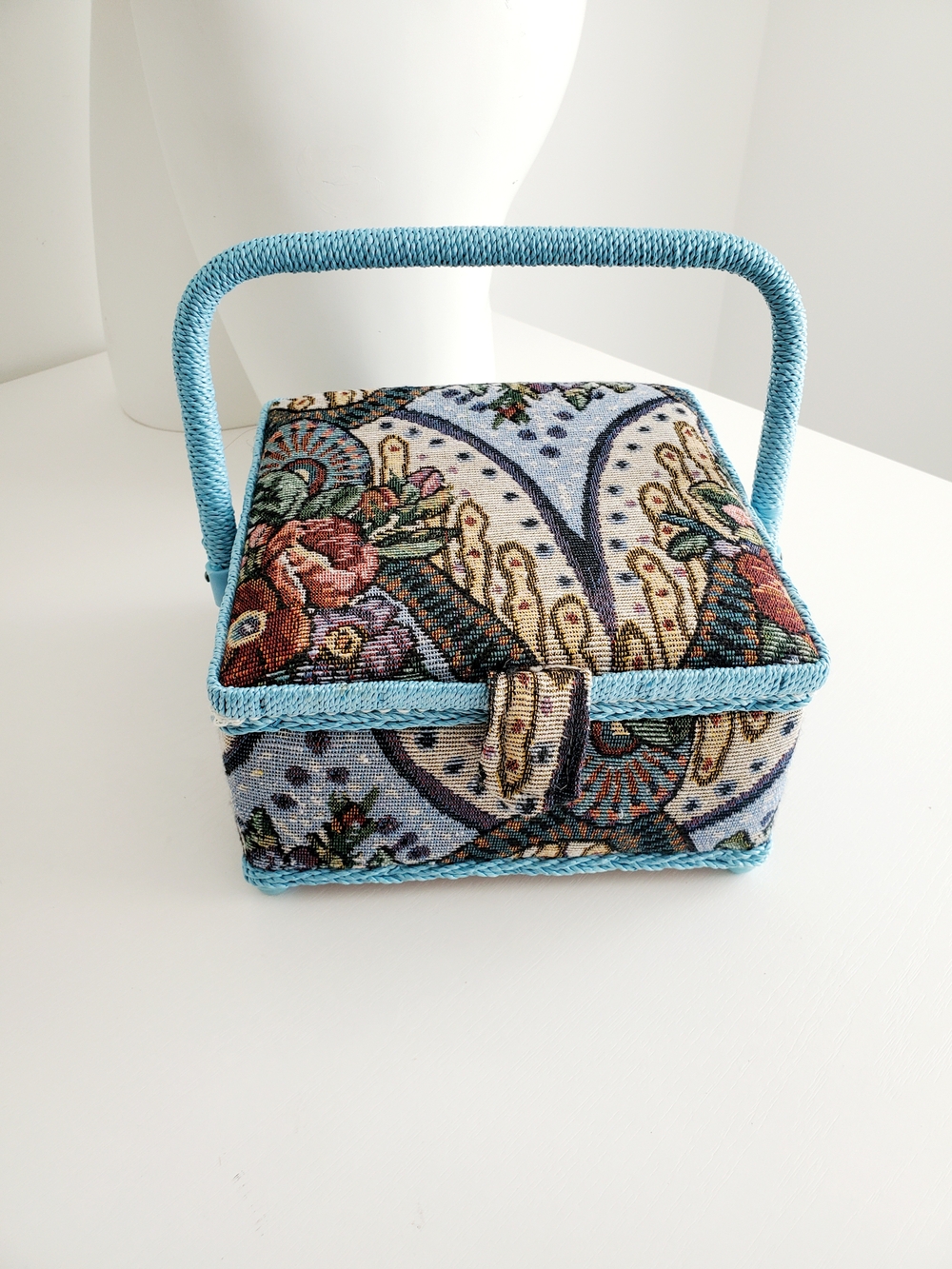 Vintage Floral Tapestry Sewing Basket BoBlue Floral Tapestry Handled Jewelry Box